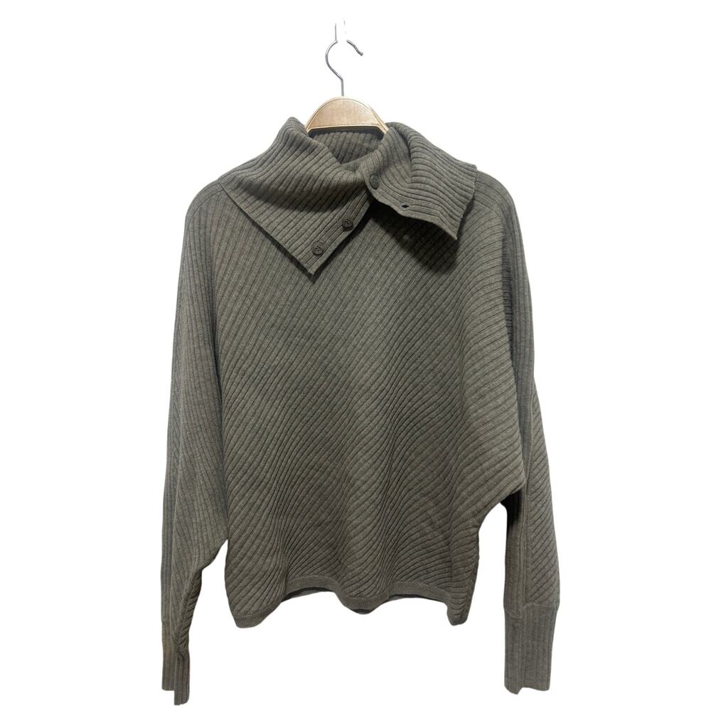Yaya Wool Blend Gray Cowl Neck Buttons Slouch Quiet Luxury Sweater Large
